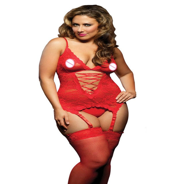 Large Size XL-6XL Bridal Sexy Lingerie Lace suspenders Sleepwear Thong Pajamas Erotic Underwear Conjoined Dress Leotard Intimate with Garters and Black Net Stockings