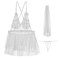 Mini Nightdress Babydoll Lingerie Costume White Sexy Women Nightgown Ultra-thin Transparent Net Sand Bride Dress Temptation
