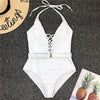 Image of Mossha String halter bikinis 2020 mujer swimsuit fused female Lace up bodysuits one piece swimwear women High cut belt monokini