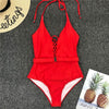Image of Mossha String halter bikinis 2020 mujer swimsuit fused female Lace up bodysuits one piece swimwear women High cut belt monokini
