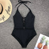Image of Mossha String halter bikinis 2020 mujer swimsuit fused female Lace up bodysuits one piece swimwear women High cut belt monokini