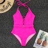 Image of Mossha String halter bikinis 2020 mujer swimsuit fused female Lace up bodysuits one piece swimwear women High cut belt monokini