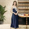 Image of Navy Blue Female Sexy Intimate Lingerie Nightgown Women Long Satin Spaghetti Strap Nighties Faux Silk Nightdress Home Wear