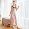 Image of Navy Blue Female Sexy Intimate Lingerie Nightgown Women Long Satin Spaghetti Strap Nighties Faux Silk Nightdress Home Wear