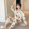 Image of New 2019 Autumn Women's Pajamas Sets Flower Print Fashion Luxury Female Faux Silk Two Pieces Shirts Long Pants Sleepwear Set