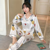 Image of New 2019 Autumn Women's Pajamas Sets Flower Print Fashion Luxury Female Faux Silk Two Pieces Shirts Long Pants Sleepwear Set