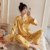 Image of New 2019 Autumn Women's Pajamas Sets Flower Print Fashion Luxury Female Faux Silk Two Pieces Shirts Long Pants Sleepwear Set
