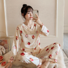 Image of New 2019 Autumn Women's Pajamas Sets Flower Print Fashion Luxury Female Faux Silk Two Pieces Shirts Long Pants Sleepwear Set