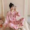 Image of New 2019 Autumn Women's Pajamas Sets Flower Print Fashion Luxury Female Faux Silk Two Pieces Shirts Long Pants Sleepwear Set
