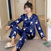 Image of New 2019 Autumn Women's Pajamas Sets Flower Print Fashion Luxury Female Faux Silk Two Pieces Shirts Long Pants Sleepwear Set