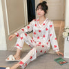 Image of New 2019 Autumn Women's Pajamas Sets Flower Print Fashion Luxury Female Faux Silk Two Pieces Shirts Long Pants Sleepwear Set
