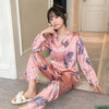 Image of New 2019 Autumn Women's Pajamas Sets Flower Print Fashion Luxury Female Faux Silk Two Pieces Shirts Long Pants Sleepwear Set
