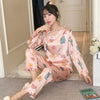 Image of New 2019 Autumn Women's Pajamas Sets Flower Print Fashion Luxury Female Faux Silk Two Pieces Shirts Long Pants Sleepwear Set