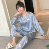 Image of New 2019 Autumn Women's Pajamas Sets Flower Print Fashion Luxury Female Faux Silk Two Pieces Shirts Long Pants Sleepwear Set