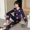 Image of New 2019 Autumn Women's Pajamas Sets Flower Print Fashion Luxury Female Faux Silk Two Pieces Shirts Long Pants Sleepwear Set