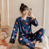 Image of New 2019 Autumn Women's Pajamas Sets Flower Print Fashion Luxury Female Faux Silk Two Pieces Shirts Long Pants Sleepwear Set