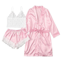 New 3PCS Sexy Lingerie Women Lace Satin Wireless Bra Camisole Shorts Pajamas Sleepwear Stripe Robe Female Nightwear lenceria A40