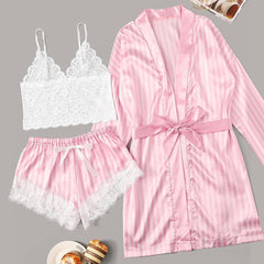 New 3PCS Sexy Lingerie Women Lace Satin Wireless Bra Camisole Shorts Pajamas Sleepwear Stripe Robe Female Nightwear lenceria A40