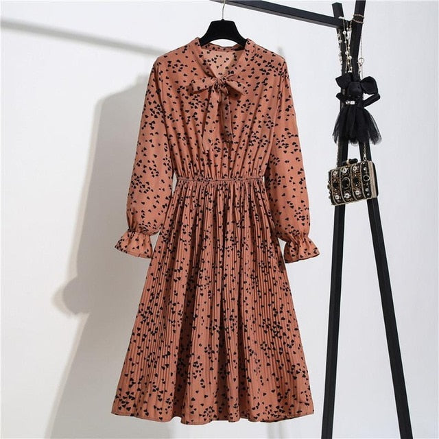 New Chiffon summer Dress Women Bow Spring Small Floral Long Sleeve Polka Elastic Waist Leopard Vintage Pleated Collar Vestidos