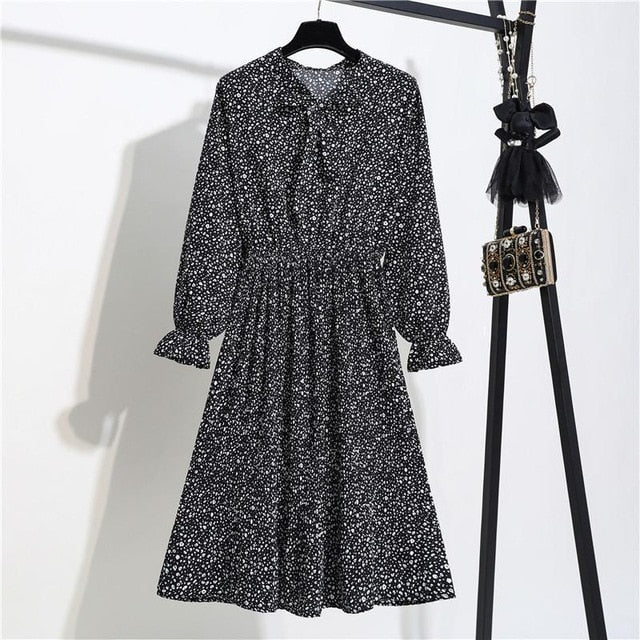 New Chiffon summer Dress Women Bow Spring Small Floral Long Sleeve Polka Elastic Waist Leopard Vintage Pleated Collar Vestidos