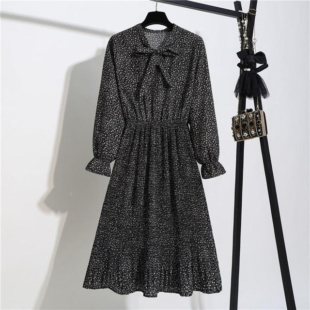 New Chiffon summer Dress Women Bow Spring Small Floral Long Sleeve Polka Elastic Waist Leopard Vintage Pleated Collar Vestidos