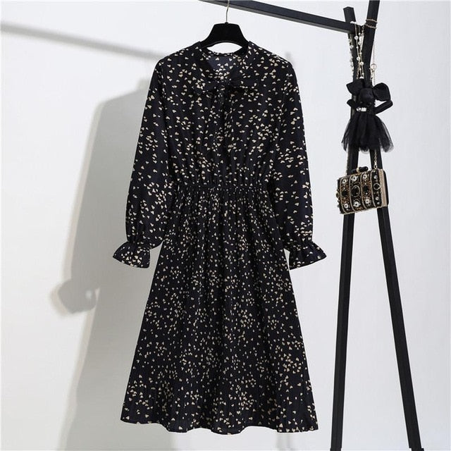 New Chiffon summer Dress Women Bow Spring Small Floral Long Sleeve Polka Elastic Waist Leopard Vintage Pleated Collar Vestidos