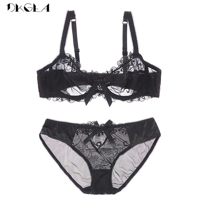 New Fashion Embroidery Lingerie Set Women Bras C D Cup Plus Size Underwear Set Sexy Black Transparent Bra and Panties Sets Lace