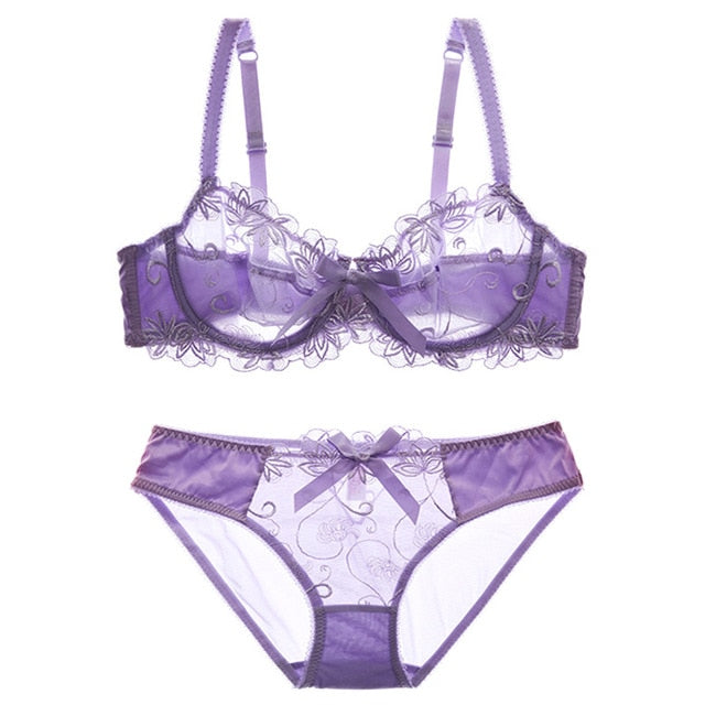 New Fashion Embroidery Lingerie Set Women Bras C D Cup Plus Size Underwear Set Sexy Black Transparent Bra and Panties Sets Lace