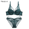 Image of New Green Underwear Set Women Bra Push Up Brassiere Cotton Thick Black Gather Sexy Bra Panties Sets Embroidery Lace Lingerie Set