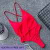 Image of New Halter One Piece Swimsuit Women Solid Yellow Red Swimwear Underwire Bathing Suit Swimming Suit 2018 Beachwear Black Bodysuit