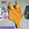 Image of New Halter One Piece Swimsuit Women Solid Yellow Red Swimwear Underwire Bathing Suit Swimming Suit 2018 Beachwear Black Bodysuit