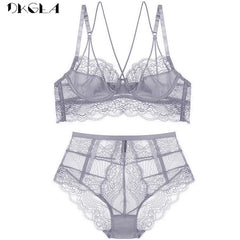 New High Waist Gray Bra Embroidery Lingerie Sets Fashion Brassiere Transparent Black Deep V Lace Underwear Women Bra Set Sexy