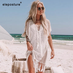 New Knitted Beach Cover Up Women Bikini Swimsuit Cover Up Hollow Out Beach Dress Tassel Tunics Bathing Suits Cover-Ups Beachwear