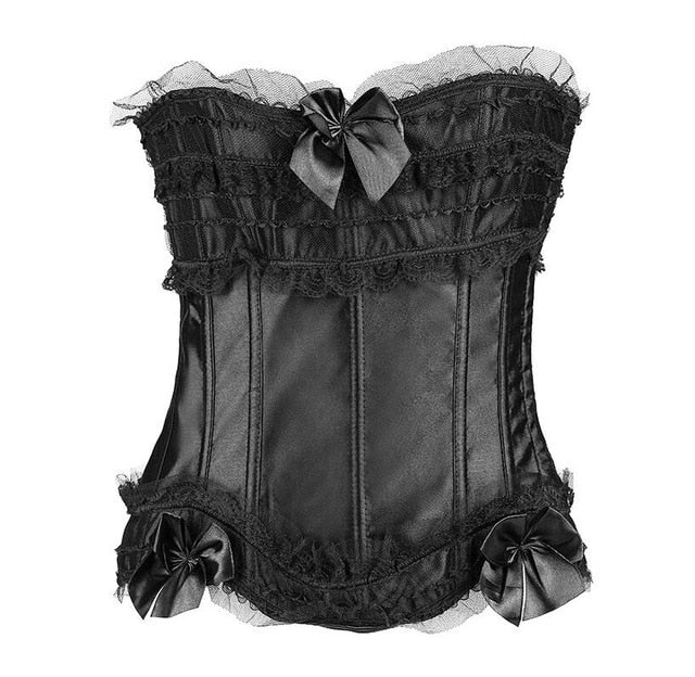 New Sexy Gothic Satin Lingerie Lace Corset Top + G-string + Skirt Bustier Mini Tutu Wedding Dress Costume Black Corset S-6XL