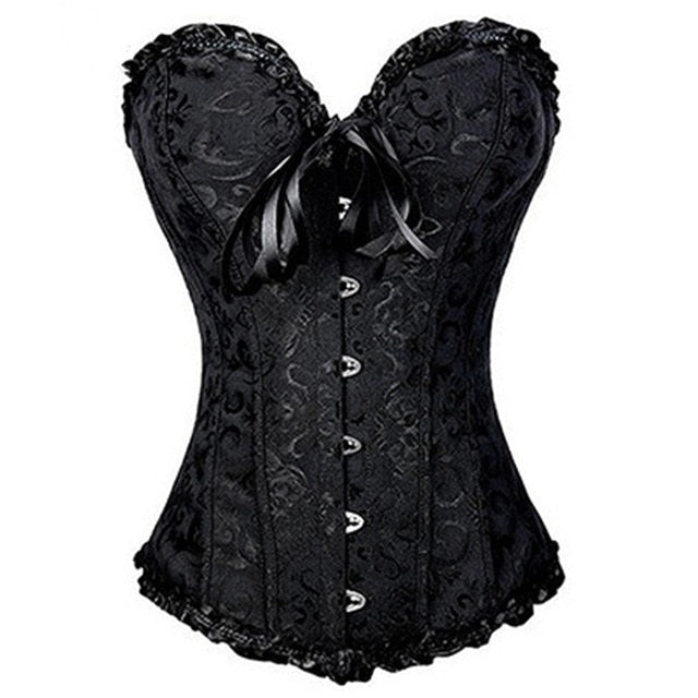 New Sexy Gothic Satin Lingerie Lace Corset Top + G-string + Skirt Bustier Mini Tutu Wedding Dress Costume Black Corset S-6XL