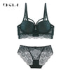 Image of New Top Sexy Underwear Set Cotton Push-up Bra and Panty Sets 3/4 Cup Brand Green Lace Lingerie Set Women Deep V Brassiere Black