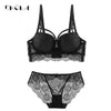 Image of New Top Sexy Underwear Set Cotton Push-up Bra and Panty Sets 3/4 Cup Brand Green Lace Lingerie Set Women Deep V Brassiere Black