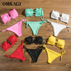 OMKAGI Bandeau Bikini 2020 Swimsuit Women Swimwear Biquinis Sexy Push Up Swimming Bathing Suit Beachwear Micro Bikini Set