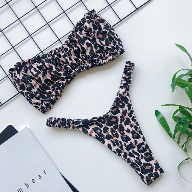 OMKAGI Biquini Solid Color Swimwear Women Beachwear Swimsuit Bandeau High Cut Bikini Sexy Bathing Suit Biquinis Feminino 2019