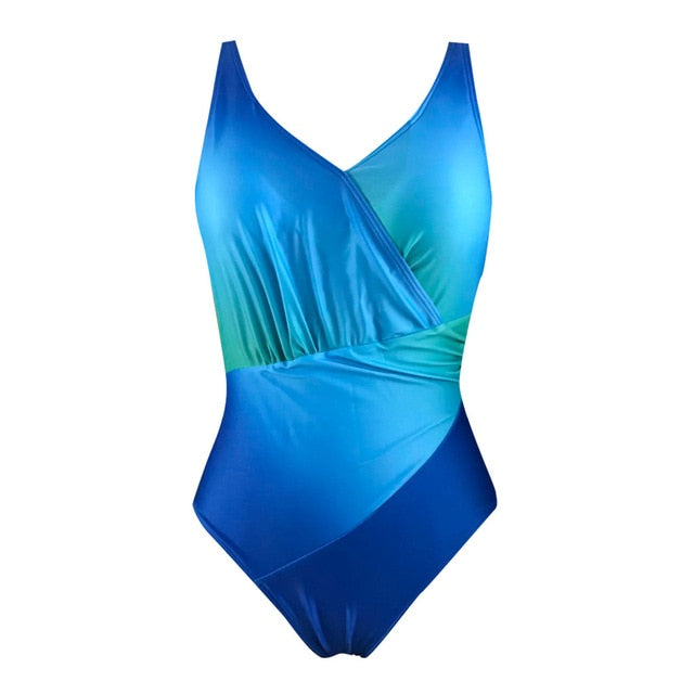 Plus Size Gradient Colorblock One Piece Swimsuit Low Cut Fashion Sexy Halter Swimsuit Padded Push Up Off Shoulder Beachwear #Y1