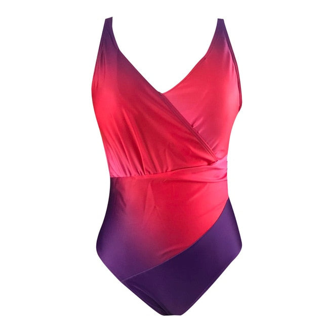 Plus Size Gradient Colorblock One Piece Swimsuit Low Cut Fashion Sexy Halter Swimsuit Padded Push Up Off Shoulder Beachwear #Y1