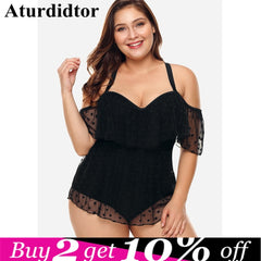 Plus Size Sexy Mesh Panel  One Piece Swimwear Black Underwire Push Up One-piece Swimsuit Women Monokini Large Size Beach Dress