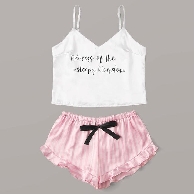 Plus Size Women's Sleepwear Sexy Satin Silk Letter Pajama Set V-Neck Pyjamas Sleeveless Cute Cami Top 2019 Short pijama mujer