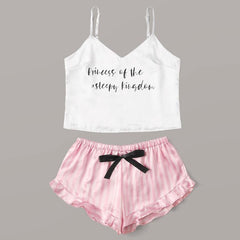 Plus Size Women's Sleepwear Sexy Satin Silk Letter Pajama Set V-Neck Pyjamas Sleeveless Cute Cami Top 2019 Short pijama mujer