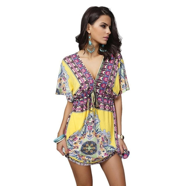 Print Beach Dress Tunic Beachwear V-Neck Plus Size Bikini Cover Up Summer Swimwear Swimsuit Cover Ups Pareo Praia