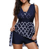 Image of Printed V Back Drawstring Shoulder Swimdress With Shorts Plus Size Swimwear Tankini Sets Swimsuit And Free Gift Swimming Cap