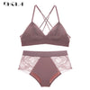 Image of Purple Lace Bras Embroidery Lingerie Set Thin Cotton Brassiere Wire Free Sexy Bra Panties Set High waist Women Underwear Sets