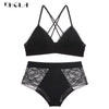 Image of Purple Lace Bras Embroidery Lingerie Set Thin Cotton Brassiere Wire Free Sexy Bra Panties Set High waist Women Underwear Sets