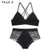 Image of Purple Lace Bras Embroidery Lingerie Set Thin Cotton Brassiere Wire Free Sexy Bra Panties Set High waist Women Underwear Sets