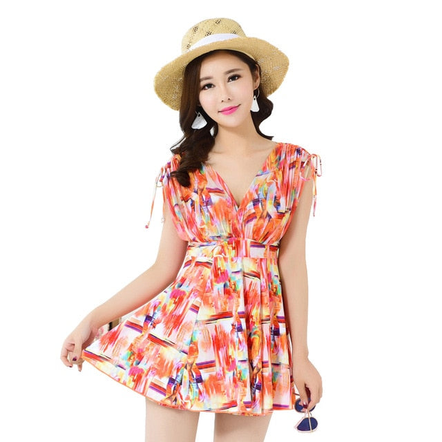 Push Up Swimming Suit for Women Plus Size Swimwear Ladies Modest Swimsuit V Neck with Underwire Skirted Bathing Suit Beach Dress